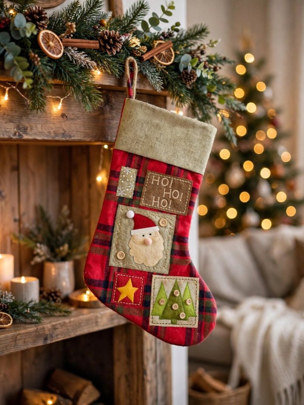Christmas Stocking Plaid Santa Tree 11.8in